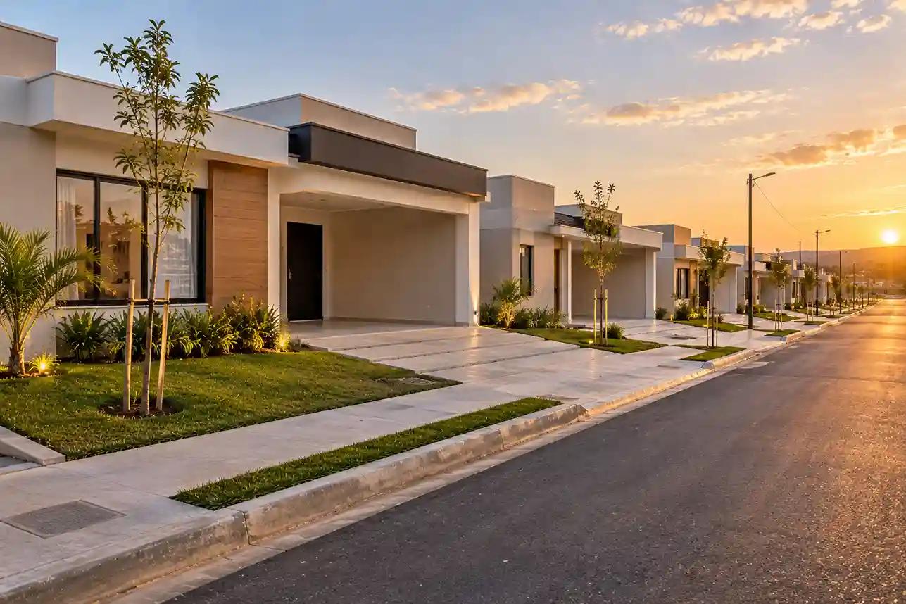 Rua de um loteamento residencial com casas térreas modernas e calçadas arborizadas, ao pôr do sol