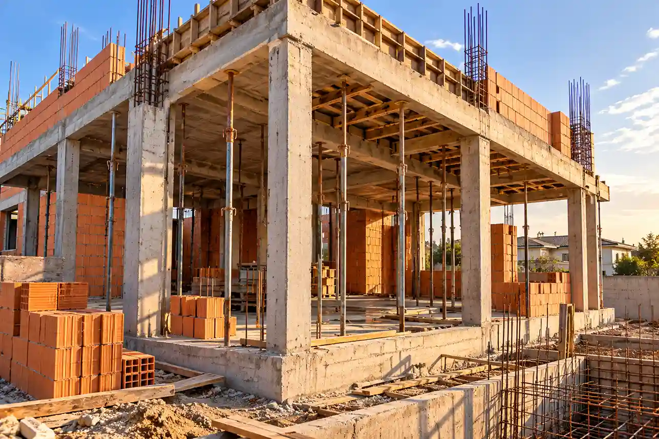 Estrutura de concreto armado de uma casa em construção, com pilares, lajes, escoramento metálico e tijolos cerâmicos empilhados, sob céu azul